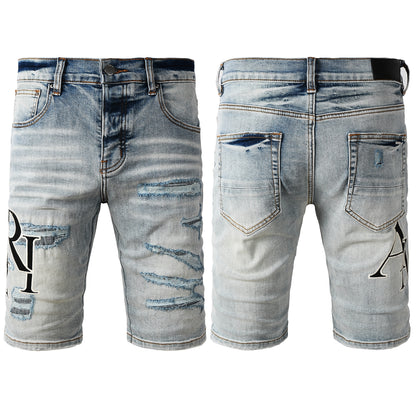 Men's Light Blue Distressed Denim Shorts with Heavy Rips and Washed Effect 6003