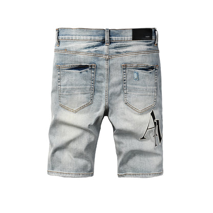 Men's Light Blue Distressed Denim Shorts with Heavy Rips and Washed Effect 6003