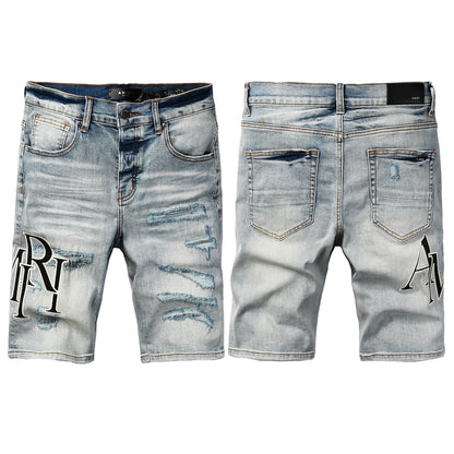 Men's Light Blue Distressed Denim Shorts with Heavy Rips and Washed Effect 6003