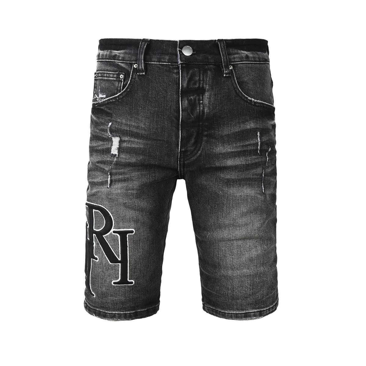 Men's Black Washed Denim Shorts with Distressed Accents and Slim Fit 6004