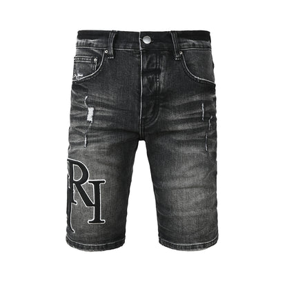 Men's Black Washed Denim Shorts with Distressed Accents and Slim Fit 6004
