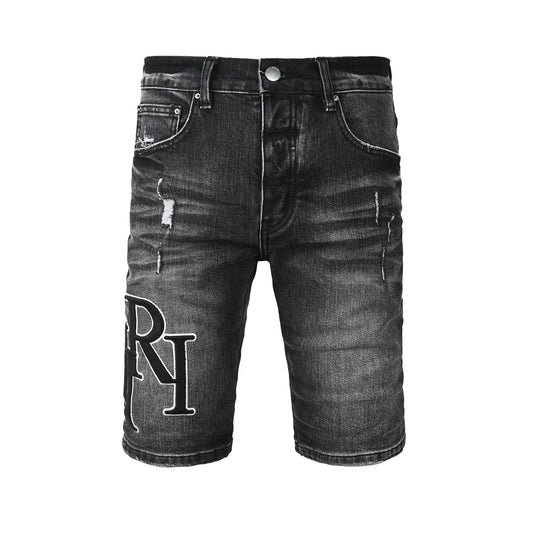 Men's Black Washed Denim Shorts with Distressed Accents and Slim Fit 6004