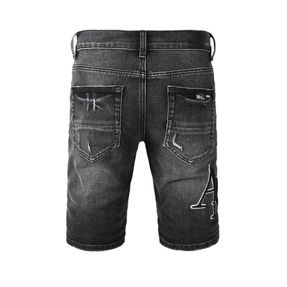 Men's Black Washed Denim Shorts with Distressed Accents and Slim Fit 6004