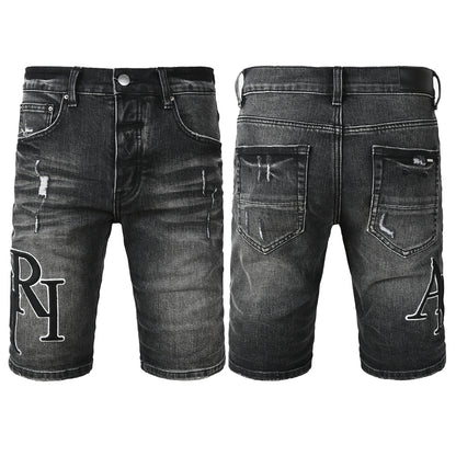 Men's Black Washed Denim Shorts with Distressed Accents and Slim Fit 6004