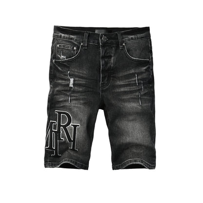 Men's Black Washed Denim Shorts with Distressed Accents and Slim Fit 6004