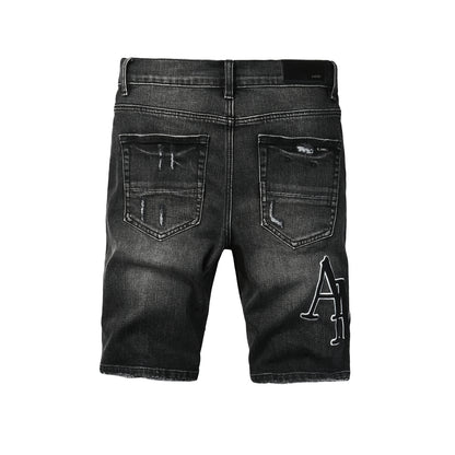 Men's Black Washed Denim Shorts with Distressed Accents and Slim Fit 6004