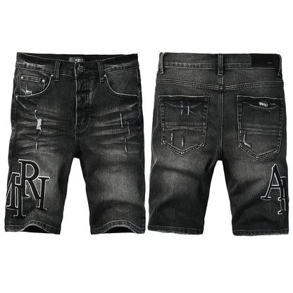 Men's Black Washed Denim Shorts with Distressed Accents and Slim Fit 6004