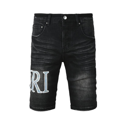 Men's Black Slim-Fit Denim Shorts with Washed Texture and Contrast Stitch Detail 6005