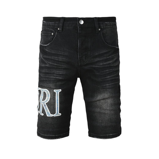 Men's Black Slim-Fit Denim Shorts with Washed Texture and Contrast Stitch Detail 6005