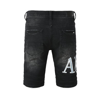 Men's Black Slim-Fit Denim Shorts with Washed Texture and Contrast Stitch Detail 6005
