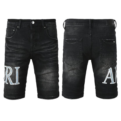 Men's Black Slim-Fit Denim Shorts with Washed Texture and Contrast Stitch Detail 6005