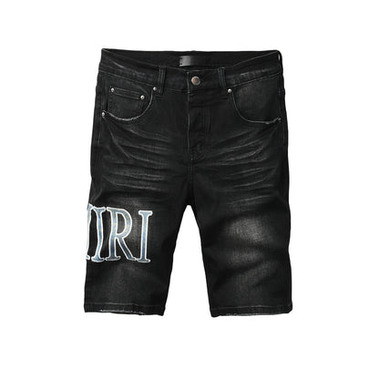Men's Black Slim-Fit Denim Shorts with Washed Texture and Contrast Stitch Detail 6005