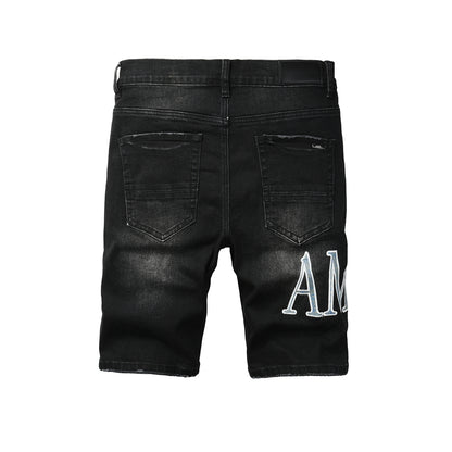 Men's Black Slim-Fit Denim Shorts with Washed Texture and Contrast Stitch Detail 6005
