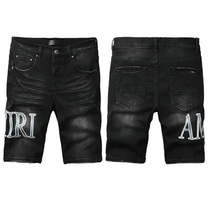 Men's Black Slim-Fit Denim Shorts with Washed Texture and Contrast Stitch Detail 6005