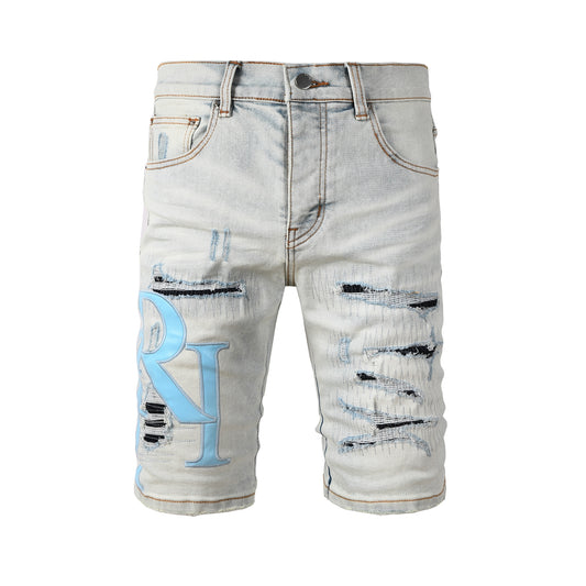 Men's Light Wash Ripped Denim Shorts with Black Underside Detail and Blue Patch Accents 6006