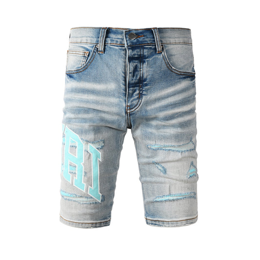 Men's Light Blue Ripped Denim Shorts with Washed Finish and Contrast Patch Accents 6007