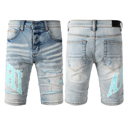 Men's Light Blue Ripped Denim Shorts with Washed Finish and Contrast Patch Accents 6007