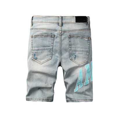Men's Light Blue Ripped Denim Shorts with Washed Finish and Contrast Patch Accents 6007