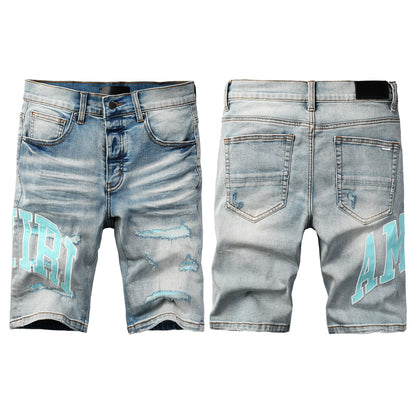 Men's Light Blue Ripped Denim Shorts with Washed Finish and Contrast Patch Accents 6007