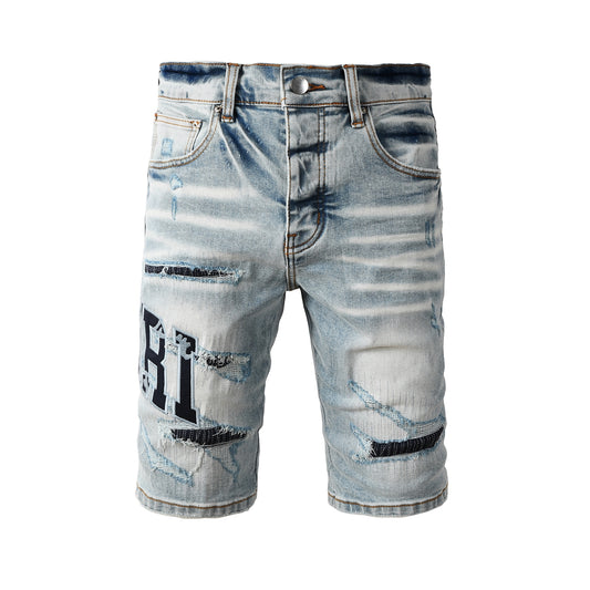 Men's Light Wash Denim Shorts with Heavy Distressing and Contrast Stitch Details 6008