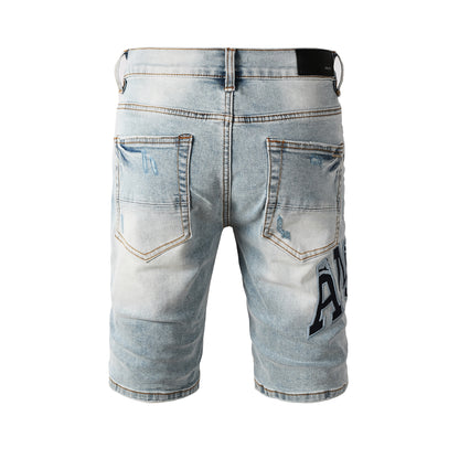Men's Light Wash Denim Shorts with Heavy Distressing and Contrast Stitch Details 6008