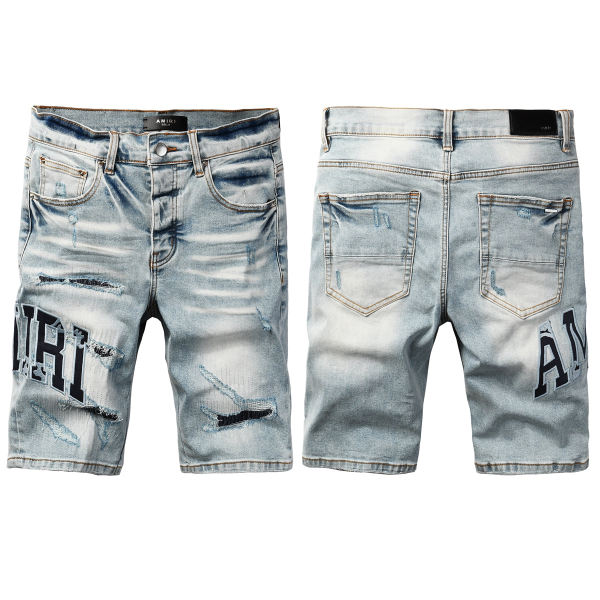 Men's Light Wash Denim Shorts with Heavy Distressing and Contrast Stitch Details 6008