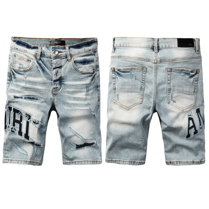 Men's Light Wash Denim Shorts with Heavy Distressing and Contrast Stitch Details 6008
