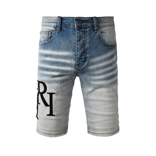 Men's Gradient Washed Light Blue Denim Shorts with Faded Texture and Clean Hem 6009