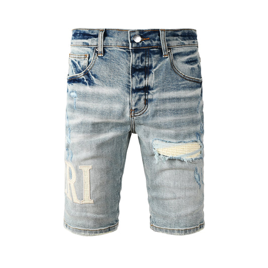 Men's Light Wash Ripped Denim Shorts with Heavy Fade and Frayed Knee Detail 6010