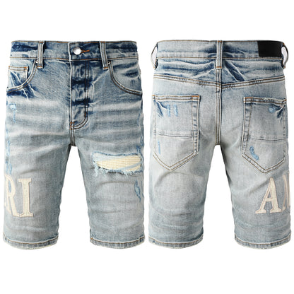 Men's Light Wash Ripped Denim Shorts with Heavy Fade and Frayed Knee Detail 6010