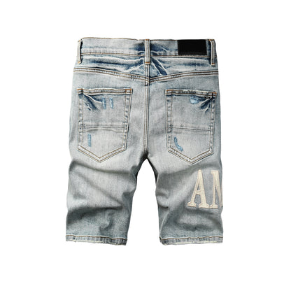 Men's Light Wash Ripped Denim Shorts with Heavy Fade and Frayed Knee Detail 6010