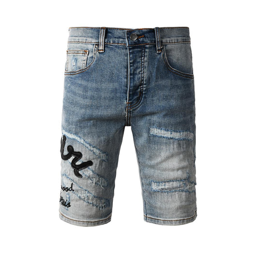 Men's Blue Distressed Denim Shorts with Embroidered Patchwork and Faded Wash 6011