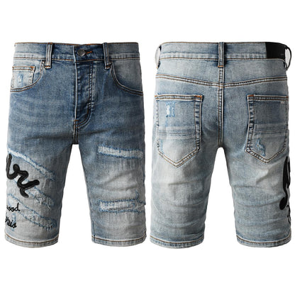 Men's Blue Distressed Denim Shorts with Embroidered Patchwork and Faded Wash 6011