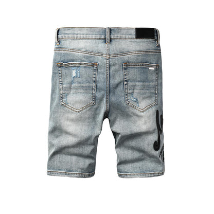 Men's Blue Distressed Denim Shorts with Embroidered Patchwork and Faded Wash 6011