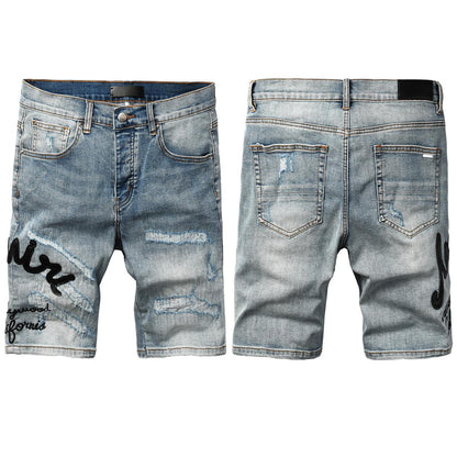 Men's Blue Distressed Denim Shorts with Embroidered Patchwork and Faded Wash 6011