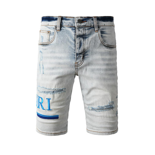 Men's Light Blue Distressed Denim Shorts with Contrast Hem Detail and Faded Wash 6012
