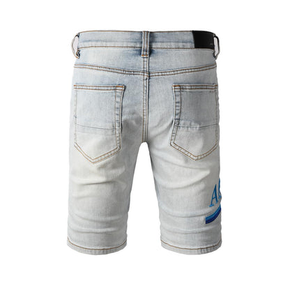 Men's Light Blue Distressed Denim Shorts with Contrast Hem Detail and Faded Wash 6012