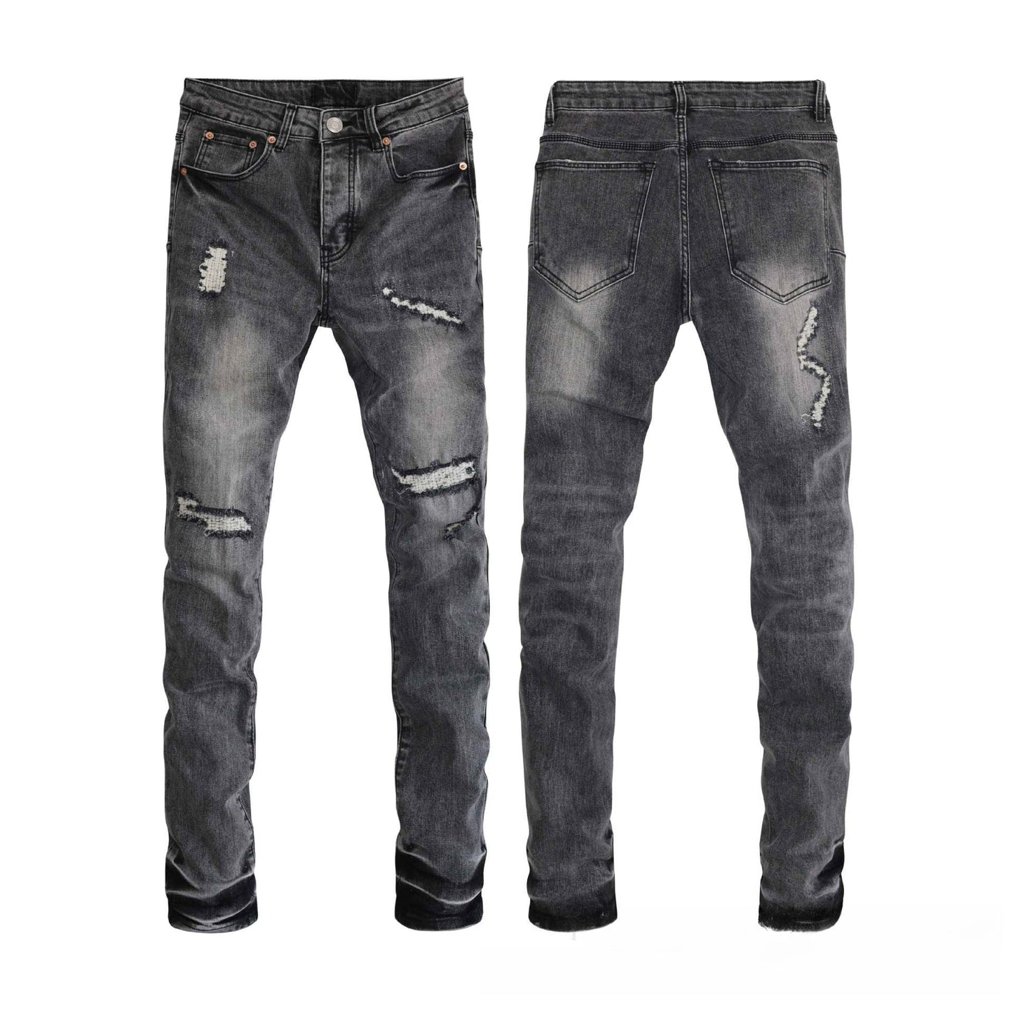Dark Grey Heavy Distressed Flare Jeans - High Waisted Ripped Stacked Bell Bottom Denim