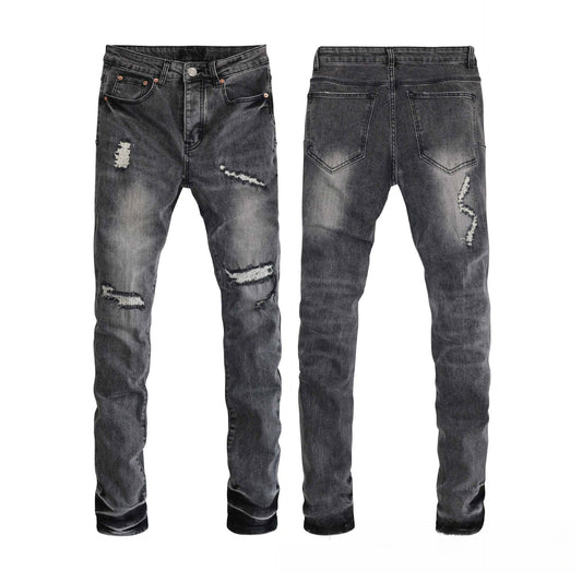 Dark Grey Heavy Distressed Flare Jeans - High Waisted Ripped Stacked Bell Bottom Denim