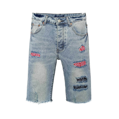 Men's Ripped Denim Shorts Light Blue Wash with Red Rose & Paisley Embroidery - Distressed Raw Hem Jean Shorts
