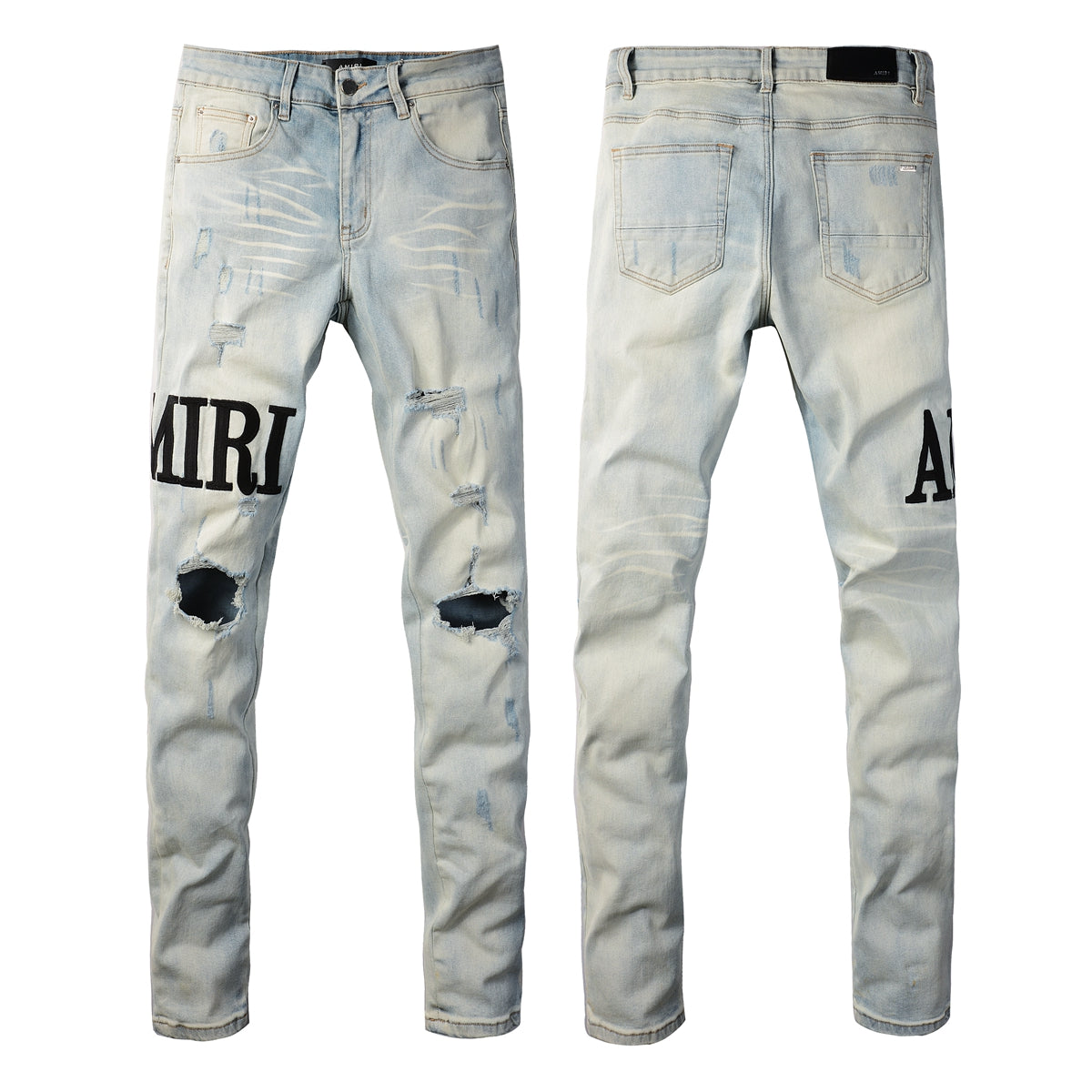 Pantalones vaqueros desgastados de estilo antiguo, ajustados, de color beige, con letras bordadas y tendencia de calle europea y americana #650 
