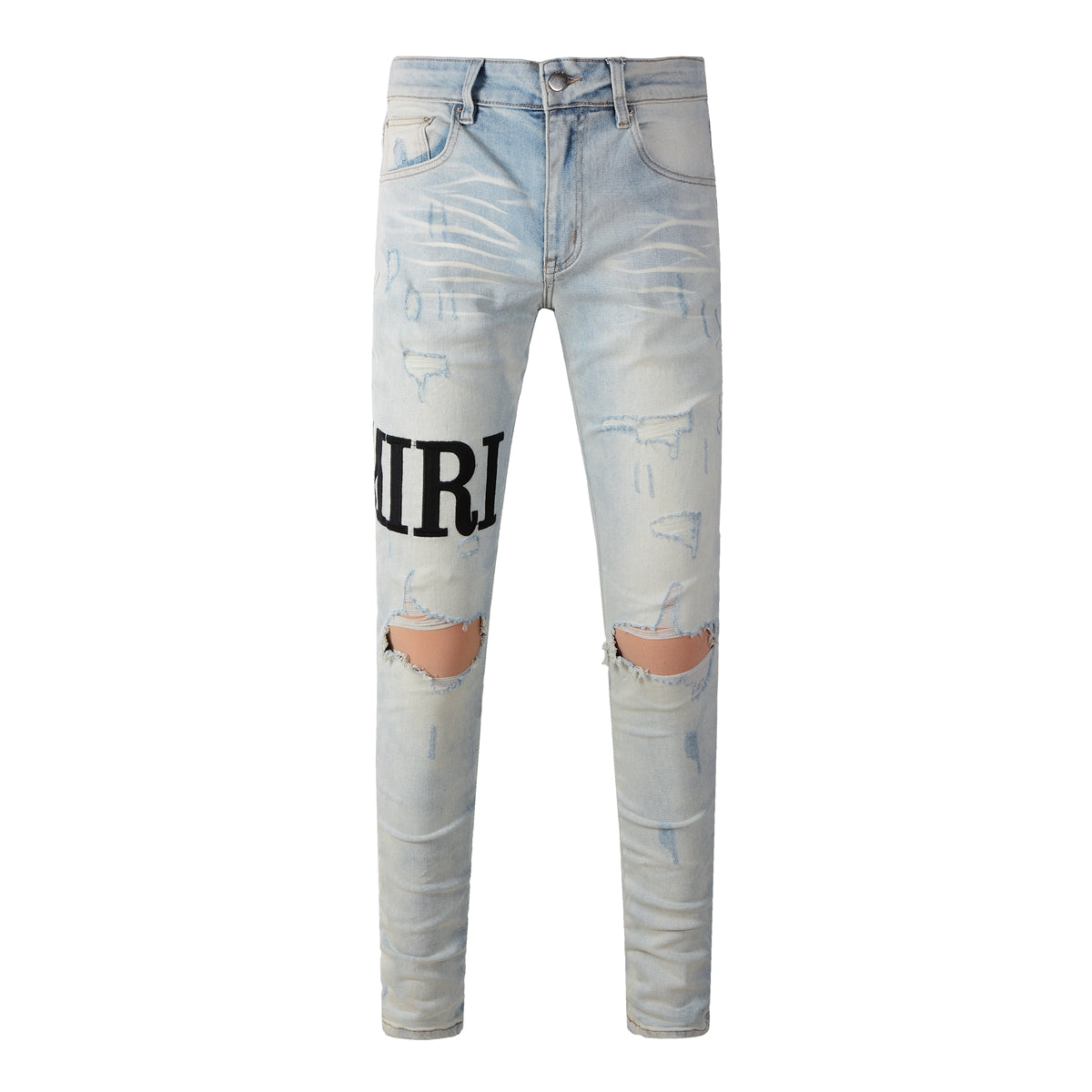 Pantalones vaqueros desgastados de estilo antiguo, ajustados, de color beige, con letras bordadas y tendencia de calle europea y americana #650 