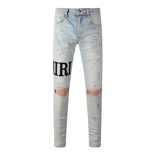European and American high street trend embroidery letters beige old slim-fitting small feet ripped jeans #650