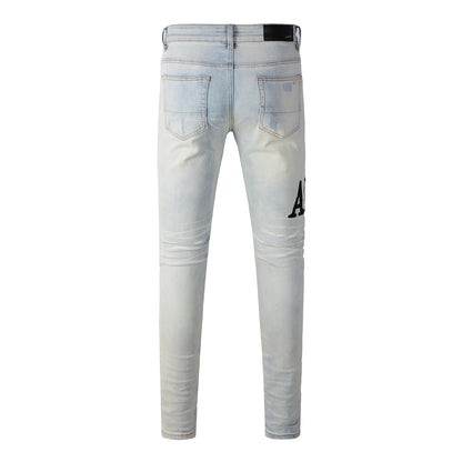 Pantalones vaqueros desgastados de estilo antiguo, ajustados, de color beige, con letras bordadas y tendencia de calle europea y americana #650 