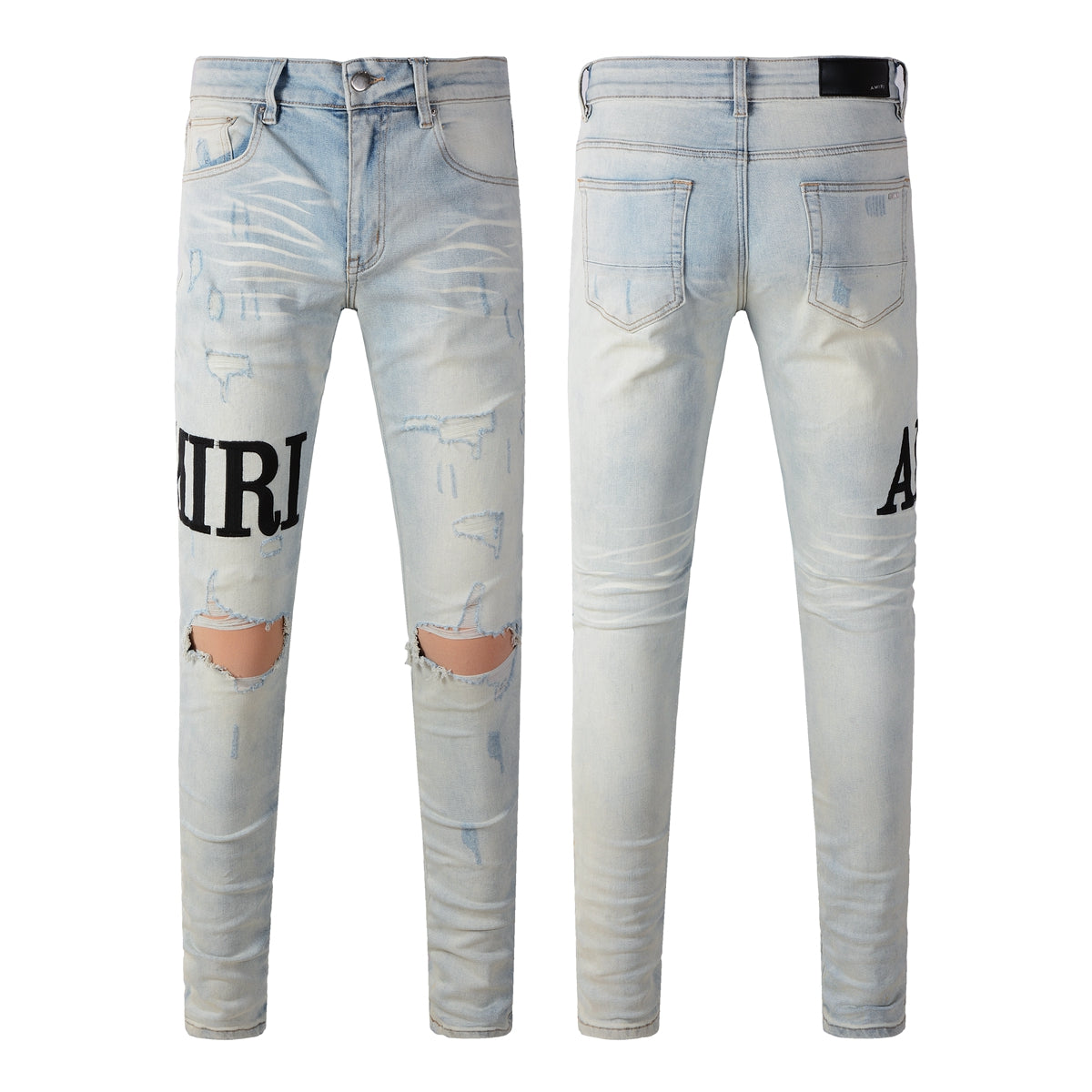Pantalones vaqueros desgastados de estilo antiguo, ajustados, de color beige, con letras bordadas y tendencia de calle europea y americana #650 