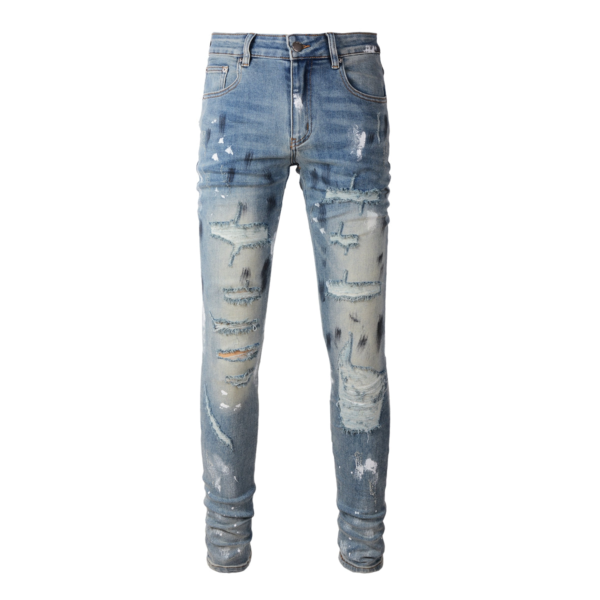 Pantalones vaqueros de marca de moda con diseño retro de pintura y parches rotos para hombre de Cross-border, ajustados (6530-8830)