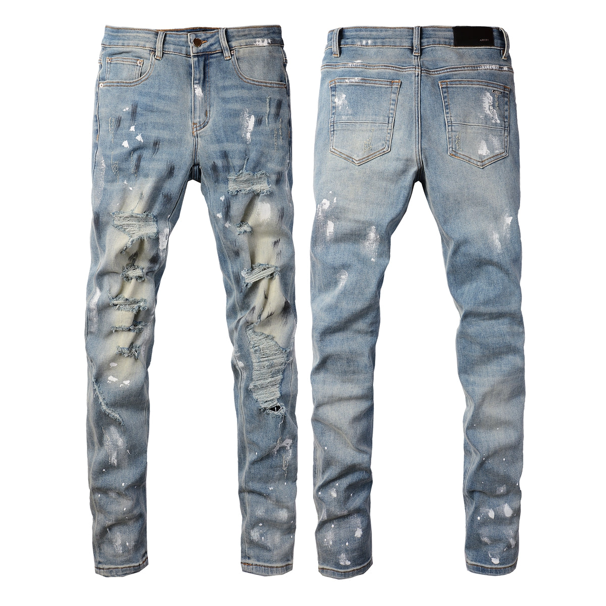 Pantalones vaqueros de marca de moda con diseño retro de pintura y parches rotos para hombre de Cross-border, ajustados (6530-8830)