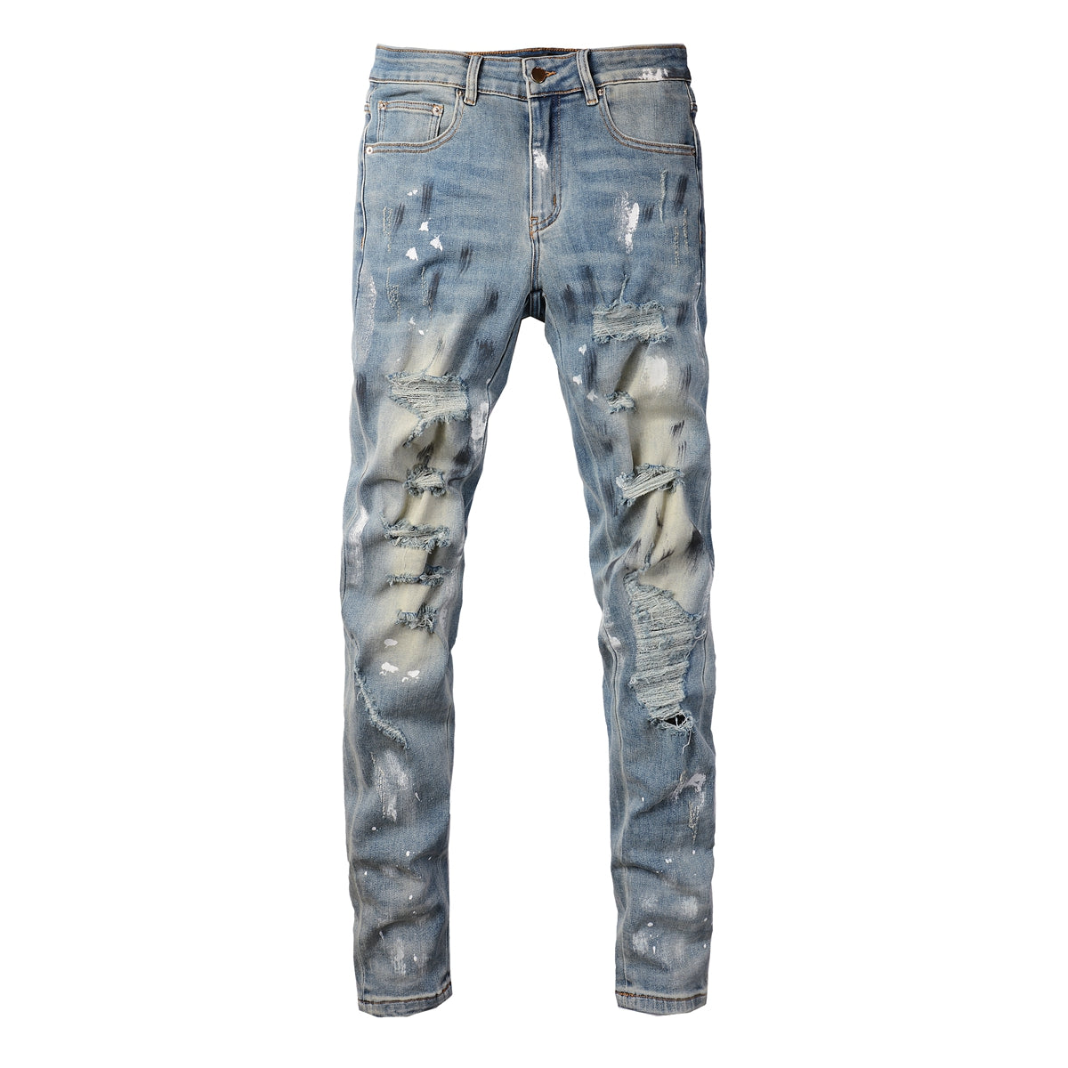 Pantalones vaqueros de marca de moda con diseño retro de pintura y parches rotos para hombre de Cross-border, ajustados (6530-8830)