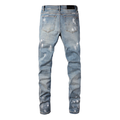 Pantalones vaqueros de marca de moda con diseño retro de pintura y parches rotos para hombre de Cross-border, ajustados (6530-8830)