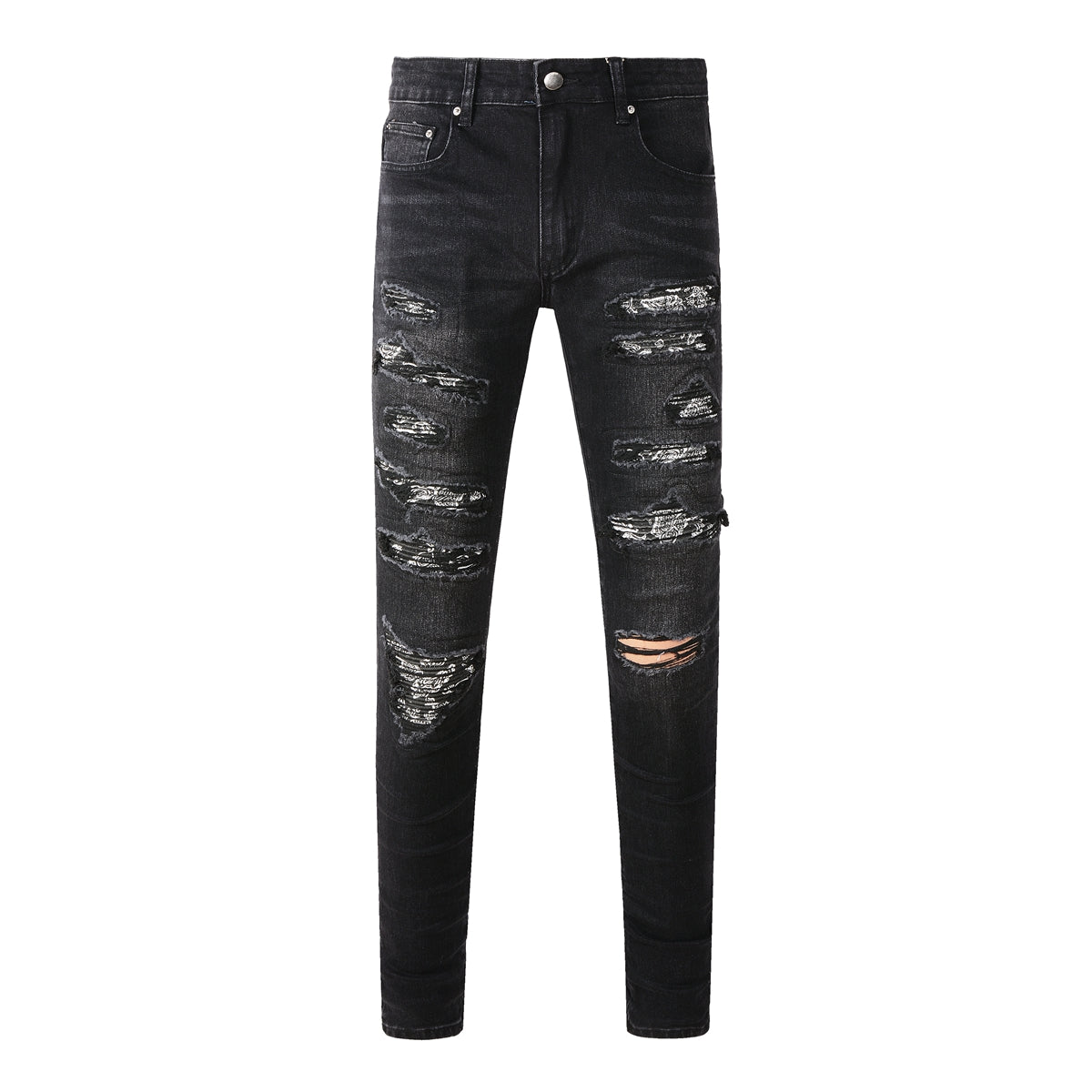 Men’s Black Slim Fit Jeans with Heavy Distressing and Metallic Silver Underlays for an Edgy Streetwear Look 669
